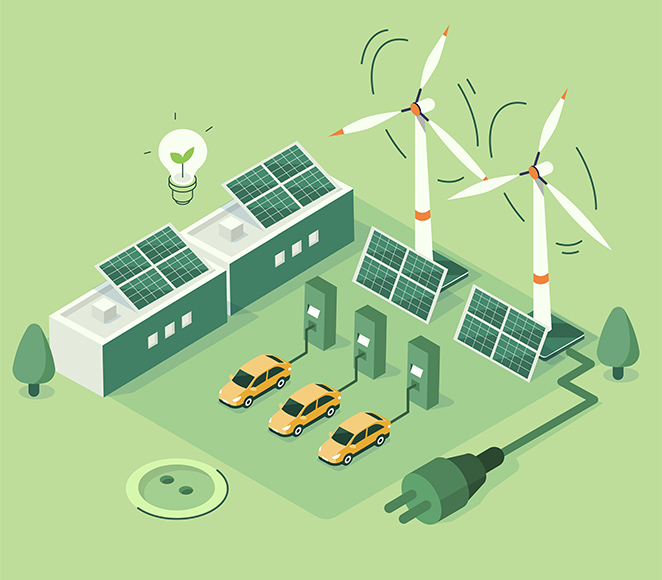 Illustration conveying sustainability showing electric cards, solar panels and wind turbines