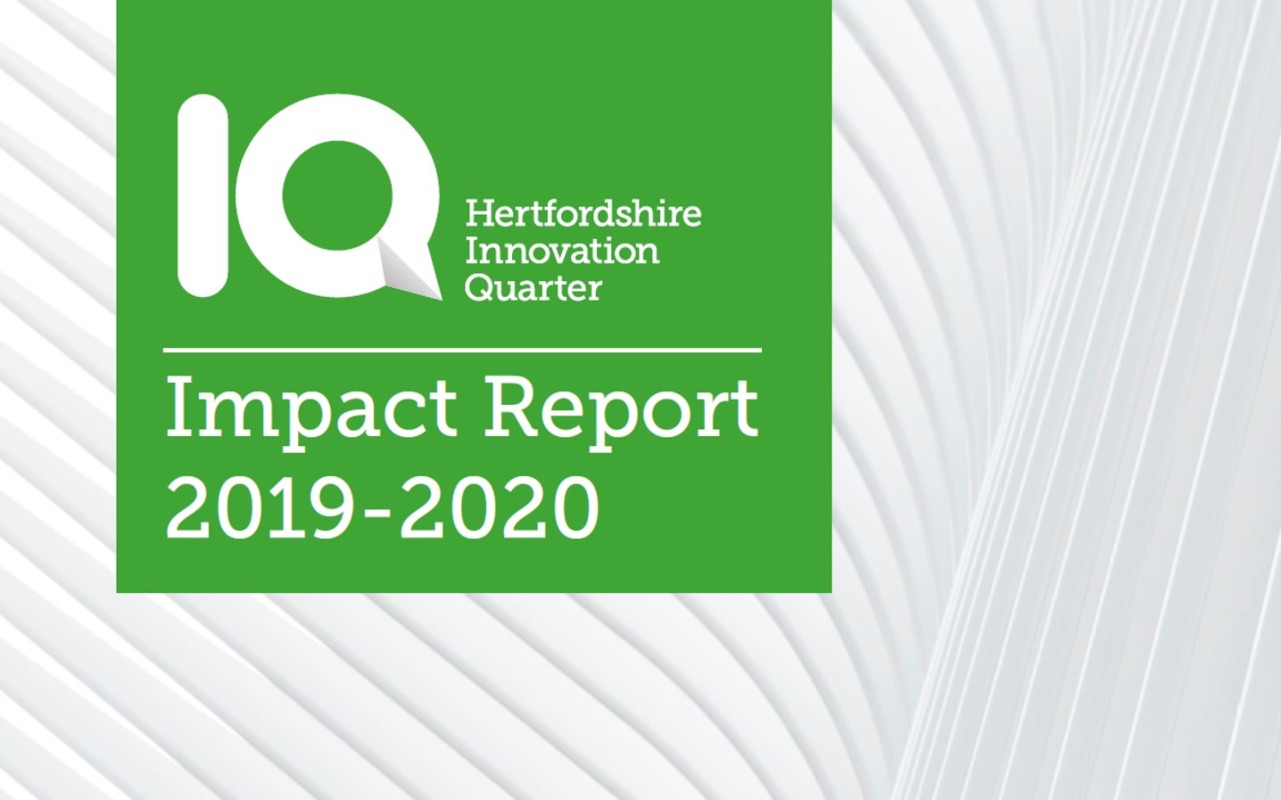 Image showing the Hertfordshire IQ quarter logo with the writing Impact Report 2019-2020